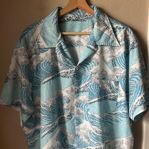 Japanese Wave Print Men’s Short Sleeve Button Down Shirt